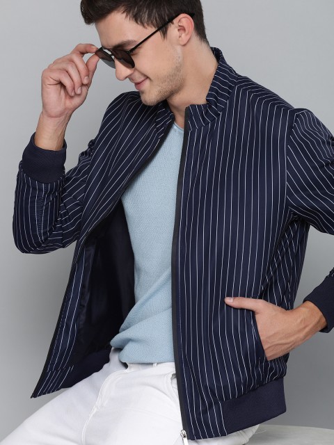 

Mast & Harbour Men Navy Blue & White Striped Bomber Jacket