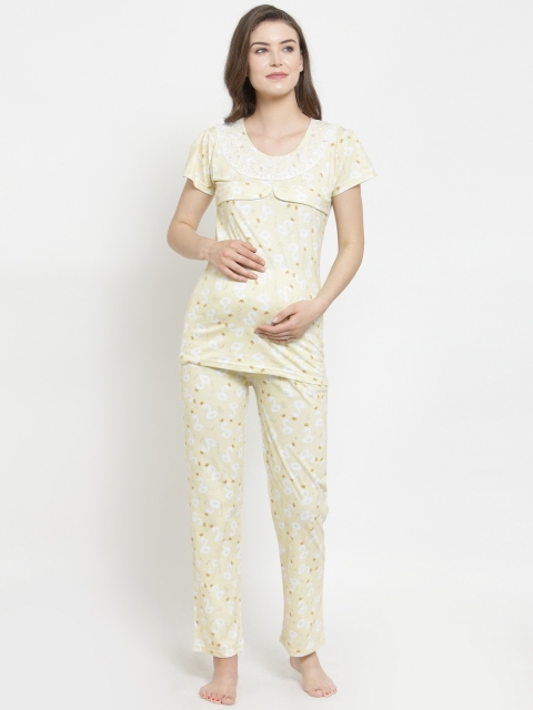 

Claura Women Yellow & White Maternity Printed Night suit MT-08