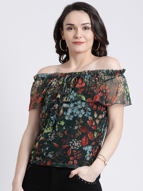 

Kazo Women Olive Green Printed Bardot Top