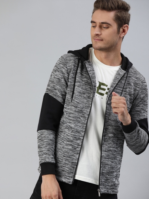 

Mast & Harbour Men Black & White Self Design Hooded Sweatshirt