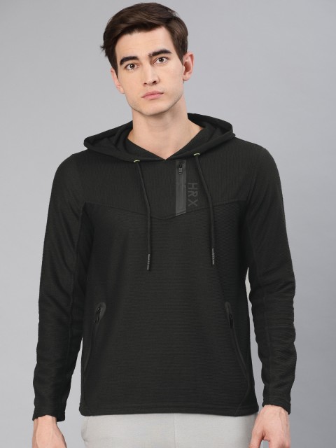 

HRX by Hrithik Roshan Men Black Self Striped Active AW19-MK Hooded Sweatshirt