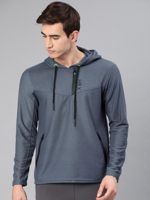 

HRX by Hrithik Roshan Men Blue Self Striped Active AW19-MK Hooded Sweatshirt