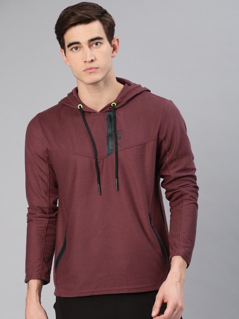 

HRX by Hrithik Roshan Men Burgundy Self Striped Active AW19-MK Hooded Sweatshirt, Maroon