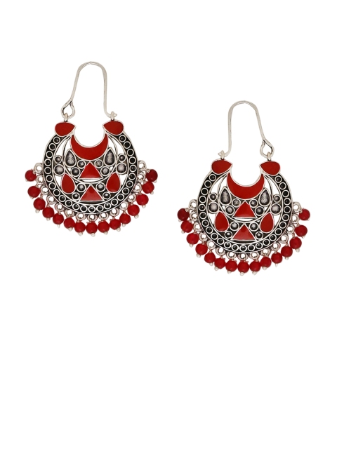 

Voylla Silver-Toned & Red Dome Shaped Hoop Earrings