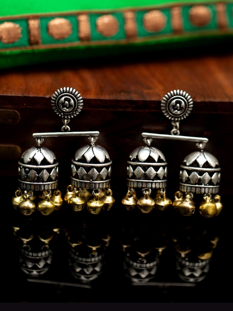 

Voylla Oxidised Silver-Plated Dome Shaped Jhumkas