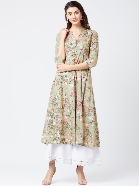 

Tissu Women Green Printed A-Line Kurta
