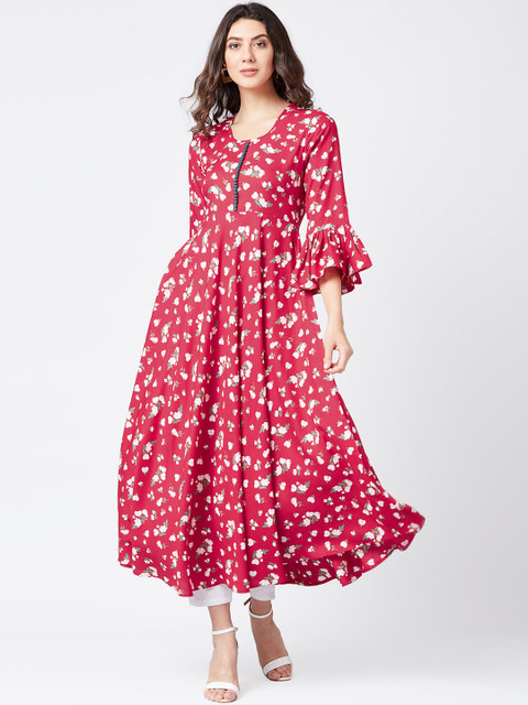 

Tissu Women Red Floral Print A-Line Kurta