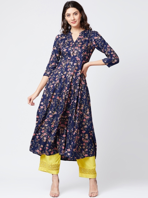

Tissu Women Navy Blue & Pink Printed Anarkali Kurta