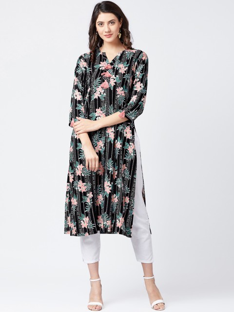 

Tissu Women Black & Green Floral Print Straight Kurta