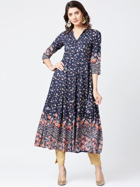 

Tissu Women Navy Blue & Beige Printed Anarkali Kurta