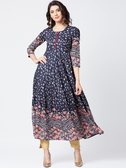 

Tissu Women Navy Blue & White Printed Anarkali Kurta