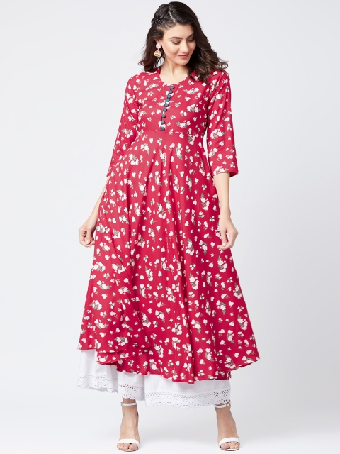 

Tissu Women Red Printed A-Line Kurta