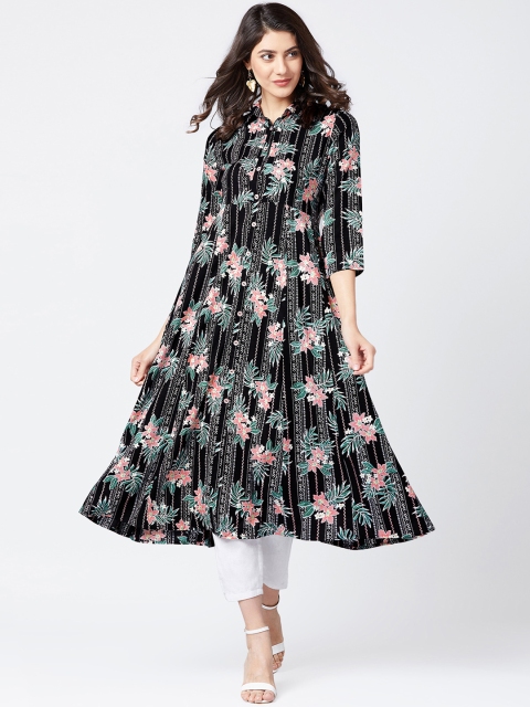 

Tissu Women Black & Green Printed A-Line Kurta