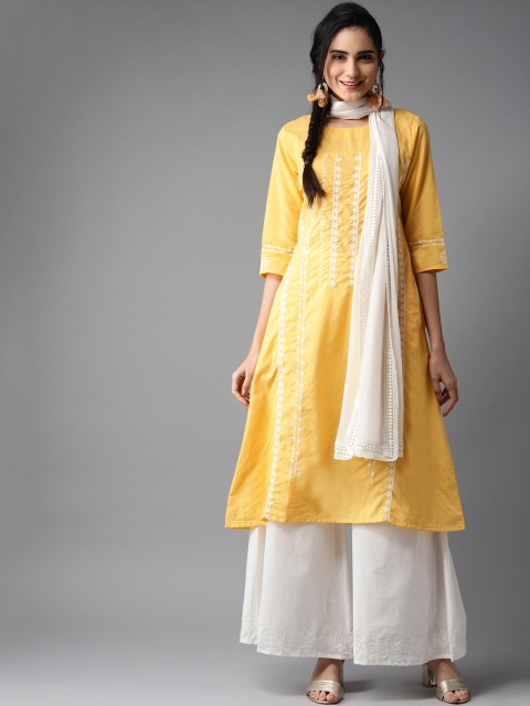 

Moda Rapido Women Yellow & White Embroidered Kurta with Palazzos & Dupatta