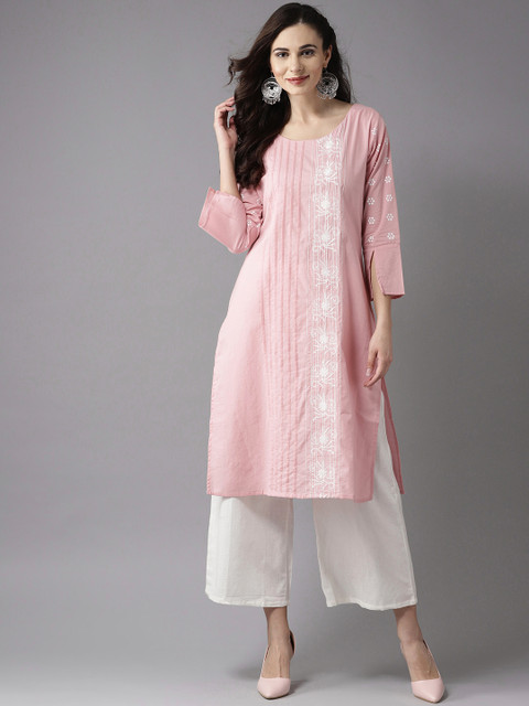 

Moda Rapido Women Pink Solid Straight Kurta with Embroidered Detail