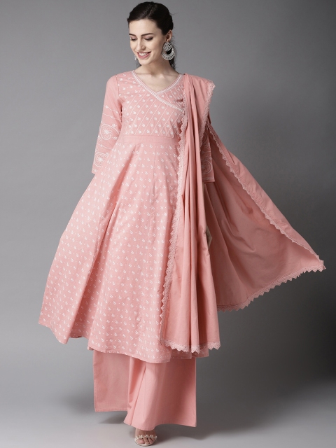 

Moda Rapido Women Pink & White Embroidered Anarkali Kurta with Palazzos & Dupatta
