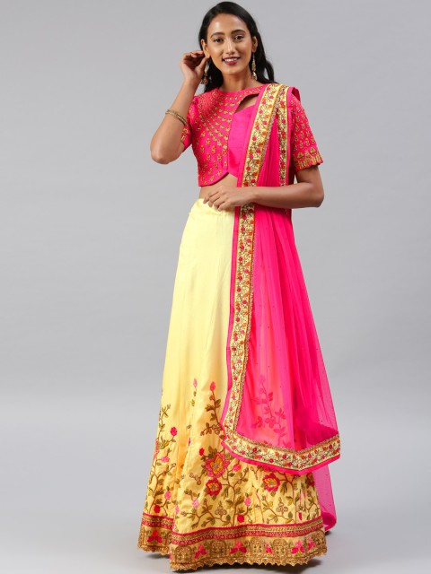 

Aarrah Cream-Coloured & Pink Embellished Semi-Stitched Lehenga & Unstitched Blouse with Dupatta