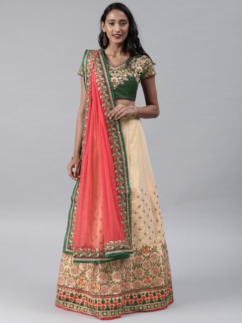 

Aarrah Cream-Coloured & Green Embellished Semi-Stitched Lehenga & Unstitched Blouse with Dupatta