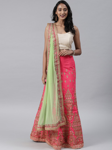 

Aarrah Pink & Green Embellished Semi-Stitched Lehenga & Unstitched Blouse with Dupatta