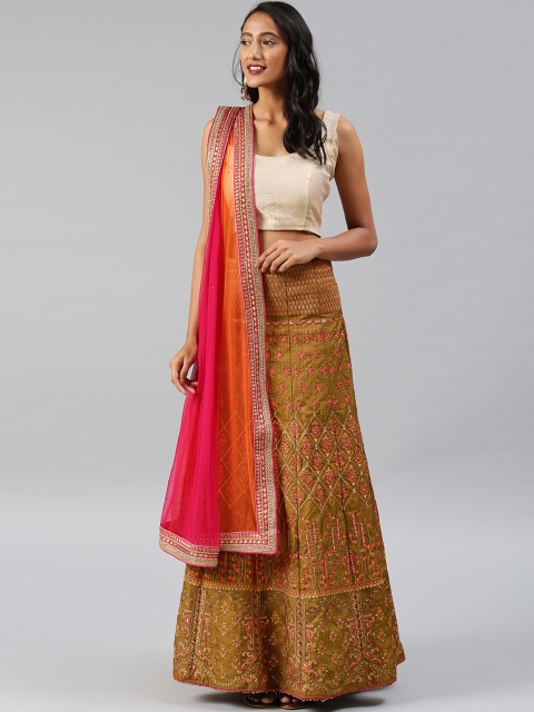 

Aarrah Olive Green & Beige Embellished Semi-Stitched Lehenga Choli with Dupatta
