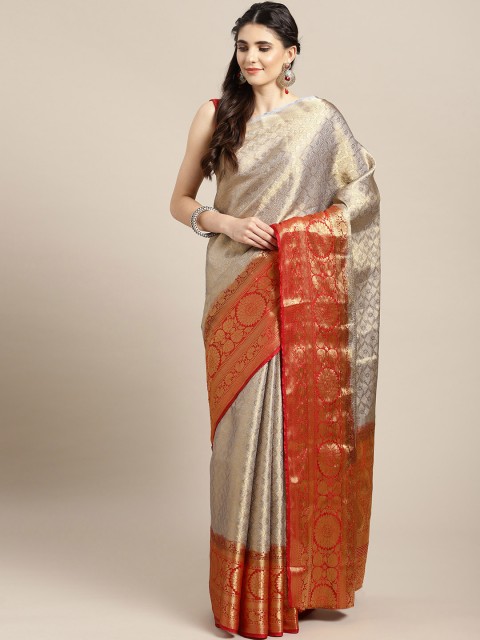

Saree mall Grey & Red Woven Design Banarasi Saree