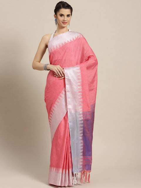 

Ishin Women Coral Pink & Silver Solid Saree