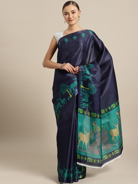

Ishin Navy Blue & Green Solid Saree