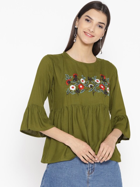 

ANTS Women Olive Green Embroidered A-Line Top
