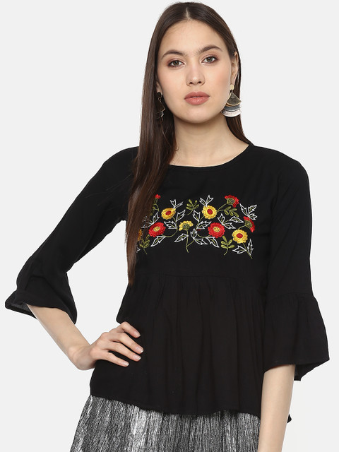 

ANTS Women Black Embroidered Detail Peplum Top