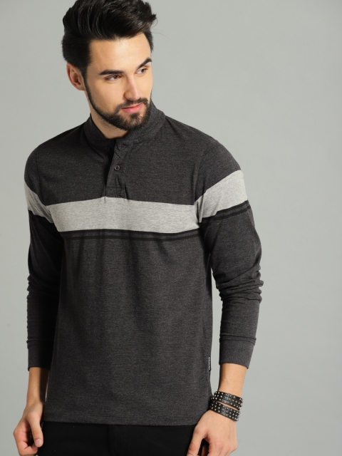 

The Roadster Lifestyle Co Men Charcoal Grey Striped Mandarin Collar T-shirt