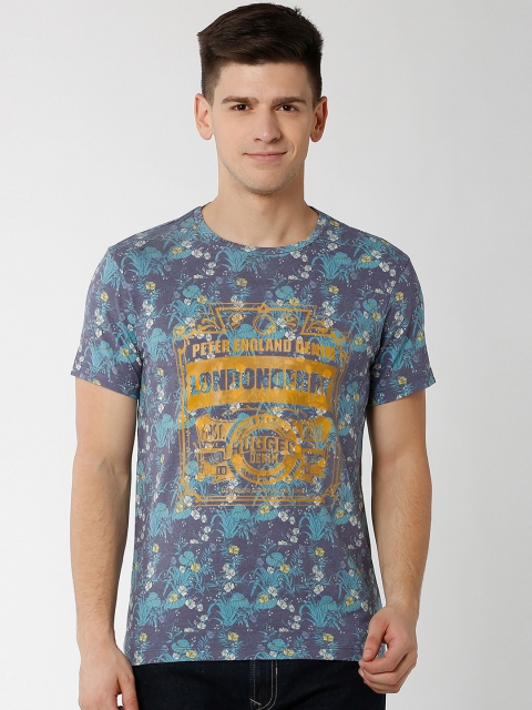 

Peter England Casuals Men Blue Printed Round Neck Pure Cotton T-shirt