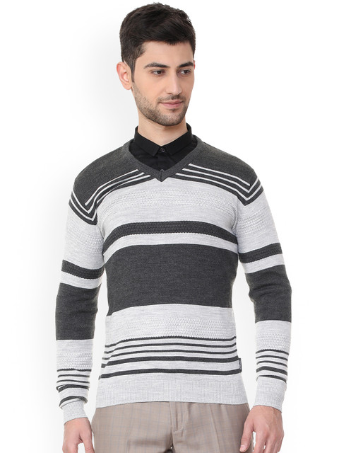 

Van Heusen Men Grey Striped Sweater
