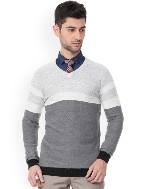 

Van Heusen Men Grey Striped Sweater