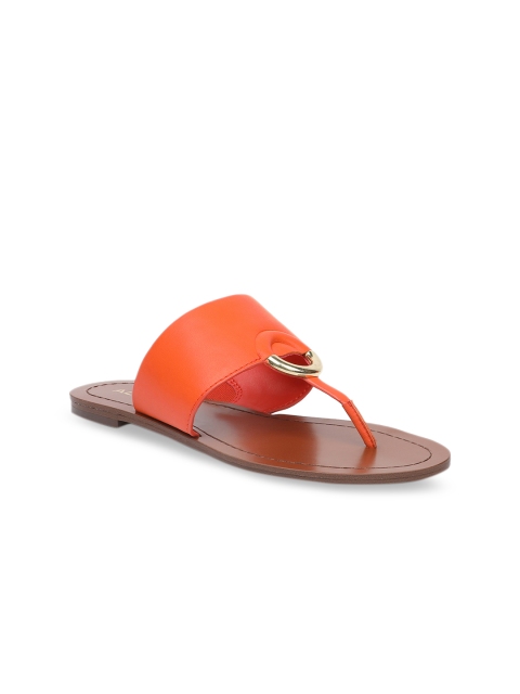 

ALDO Women Orange Solid Leather T-Strap Flats