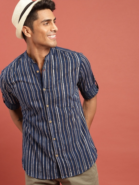 

Taavi Indigo Hand Block Printed Casual Sustainable Shirt with Roll-Up Sleeves, Navy blue