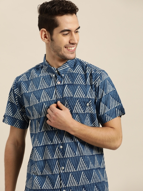 

Taavi Men Indigo Hand Block Printed Casual Shirt with Roll-Up Sleeves, Navy blue