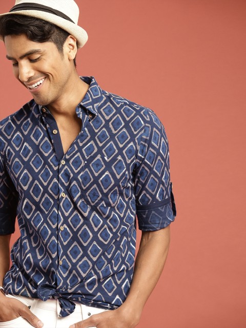 

Taavi Men Indigo Hand Block Printed Casual Sustainable Shirt with Roll-Up Sleeves, Navy blue