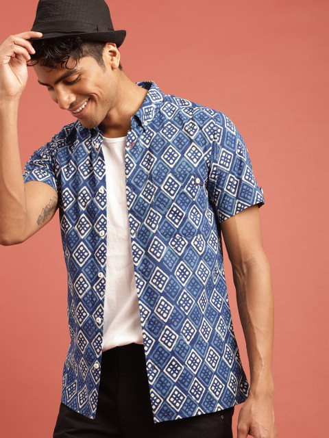 

Taavi Men Indigo Hand Block Printed Casual Sustainable Shirt with Roll-Up Sleeves, Navy blue