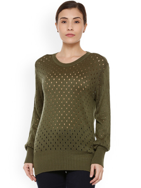 

Van Heusen Women Olive Green Self Design Sweater
