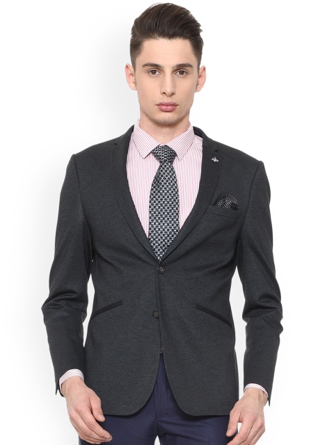 

V Dot Men Black Printed Slim Fit Single-Breasted Blazer