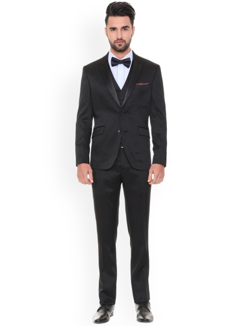 

V Dot Men Black Solid Three-Piece Suit