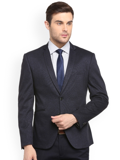 

V Dot Men Blue Self Design Slim Fit Single-Breasted Blazer