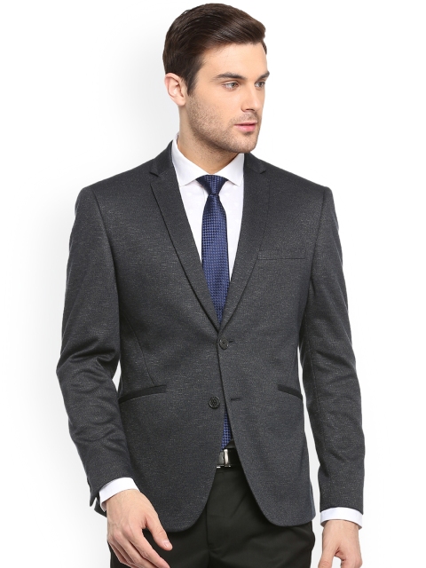

V Dot Men Black Self Design Slim Fit Single-Breasted Blazer