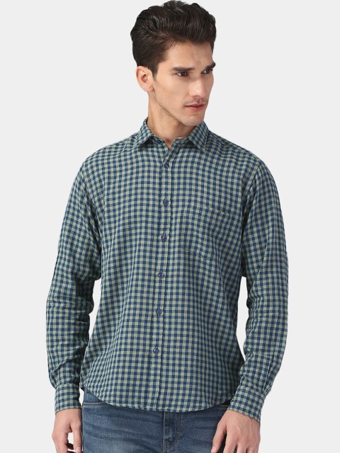 

CAVALLO by Linen Club Men Cotton Linen Blue Regular Fit Checked Casual Shirt