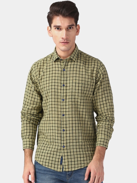 

CAVALLO by Linen Club Men Olive Green & Green Regular Fit Checked Linen Casual Shirt