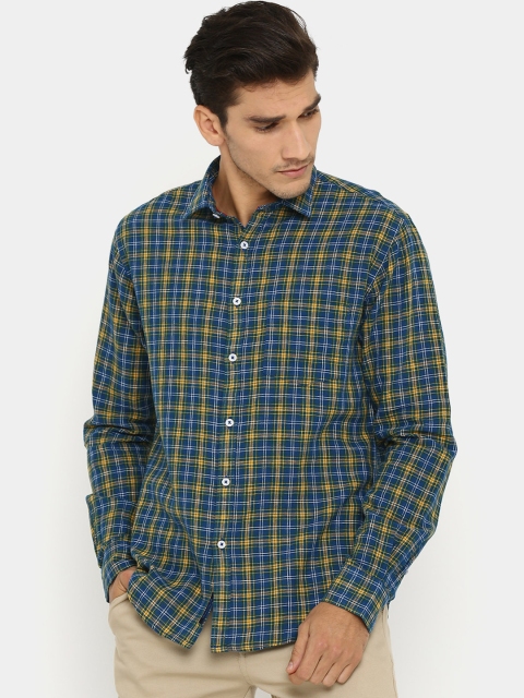 

CAVALLO by Linen Club Men Cotton Linen Blue & Yellow Regular Fit Checked Casual Shirt