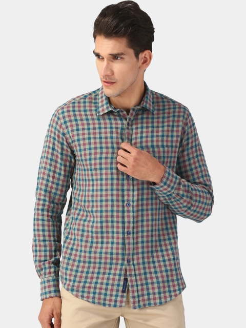 

CAVALLO by Linen Club Men Cotton Linen Red & Blue Regular Fit Checked Casual Shirt