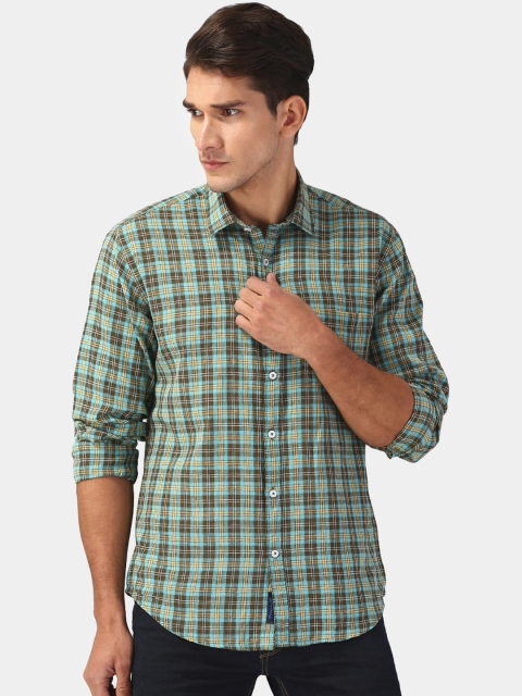 

CAVALLO by Linen Club Men Brown & Green Regular Fit Checked Linen Casual Shirt