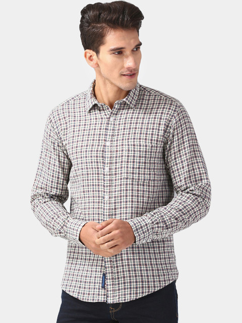 

CAVALLO by Linen Club Men Cotton Linen Off-White & Grey Regular Fit Checked Casual Shirt