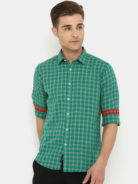

CAVALLO by Linen Club Men Cotton Linen Green Regular Fit Checked Casual Shirt